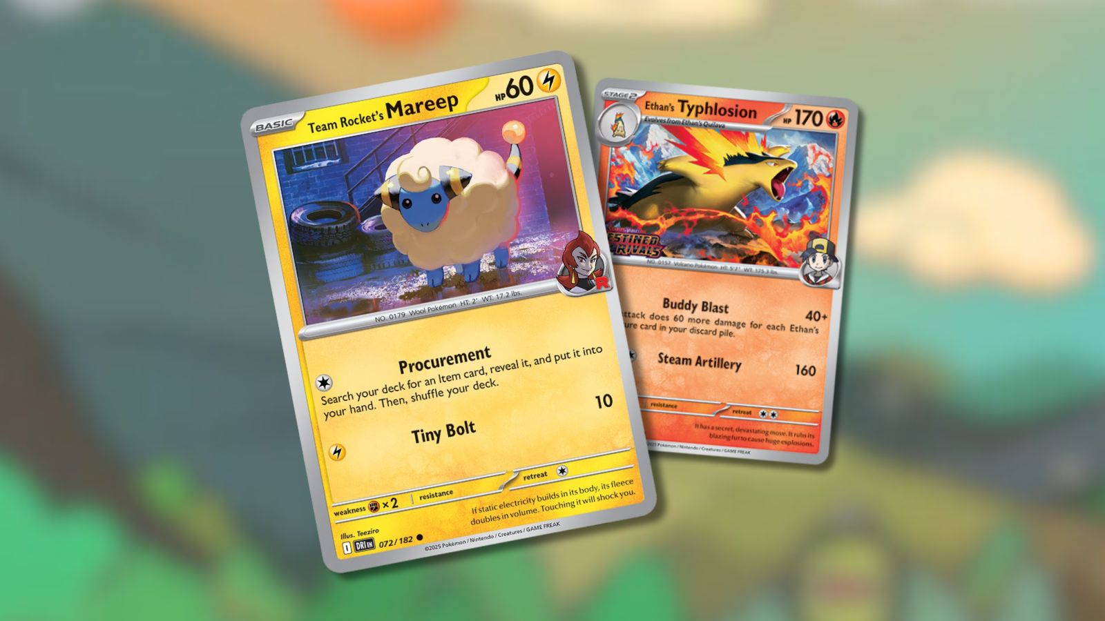 Pokémon TCG Destined Rivals cards with blurred scenic background.