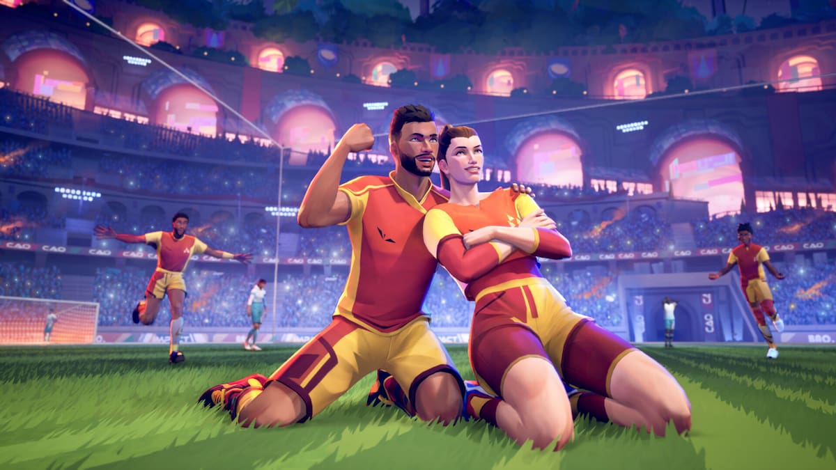 Picture showing players celebrating after scoring a goal in Rematch.