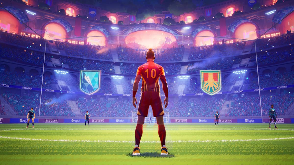 An image from Rematch of the player character standing in the middle of a soccer stadium.