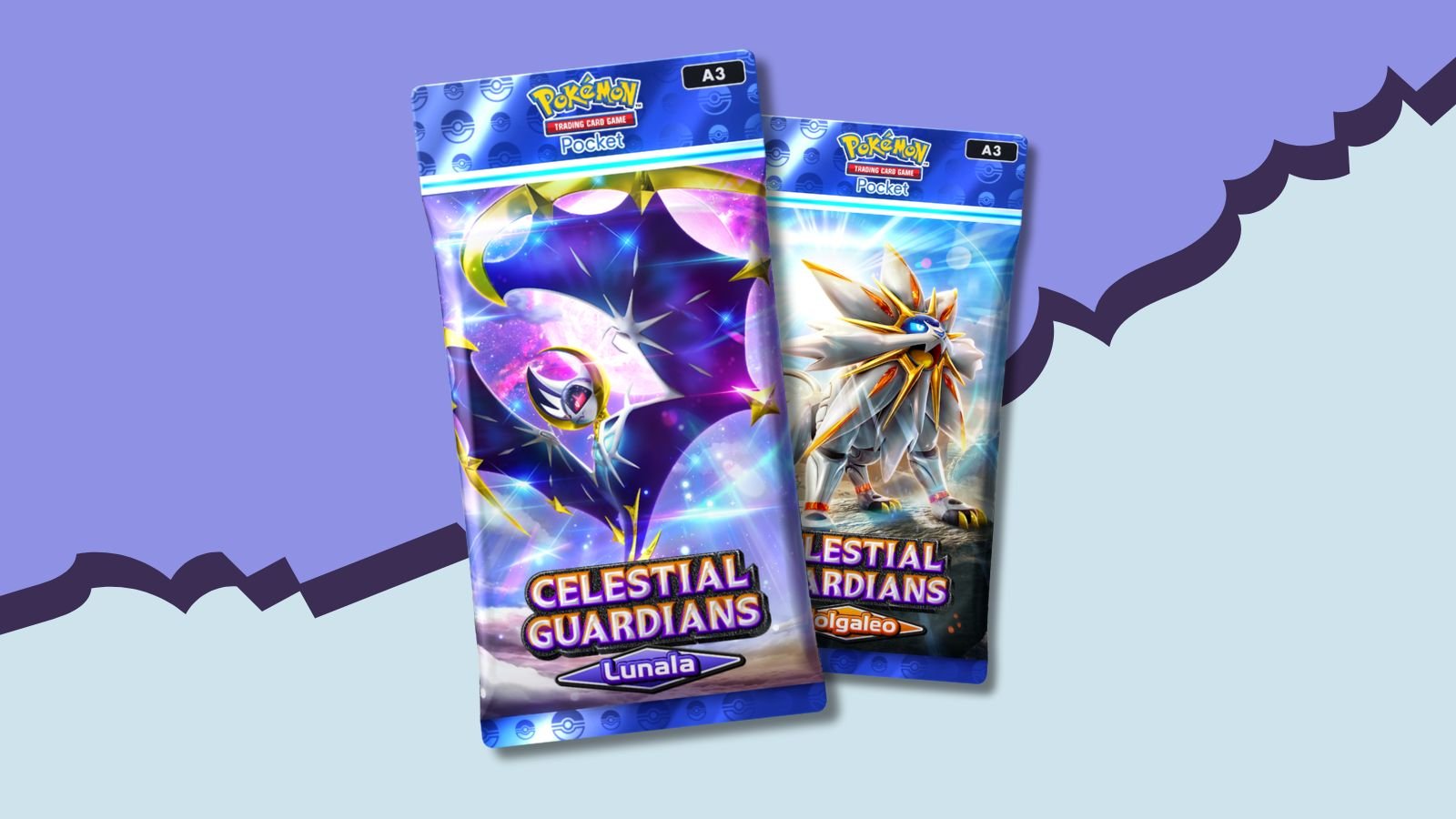 Pokémon TCG Pocket Celestial Guardians packs on a blue and purple striped background.