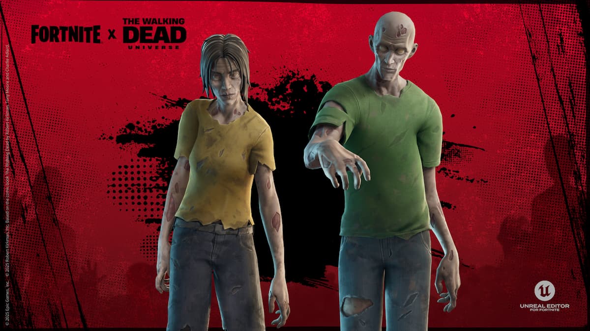 the walking dead x fortnite feature - zombies against a red background