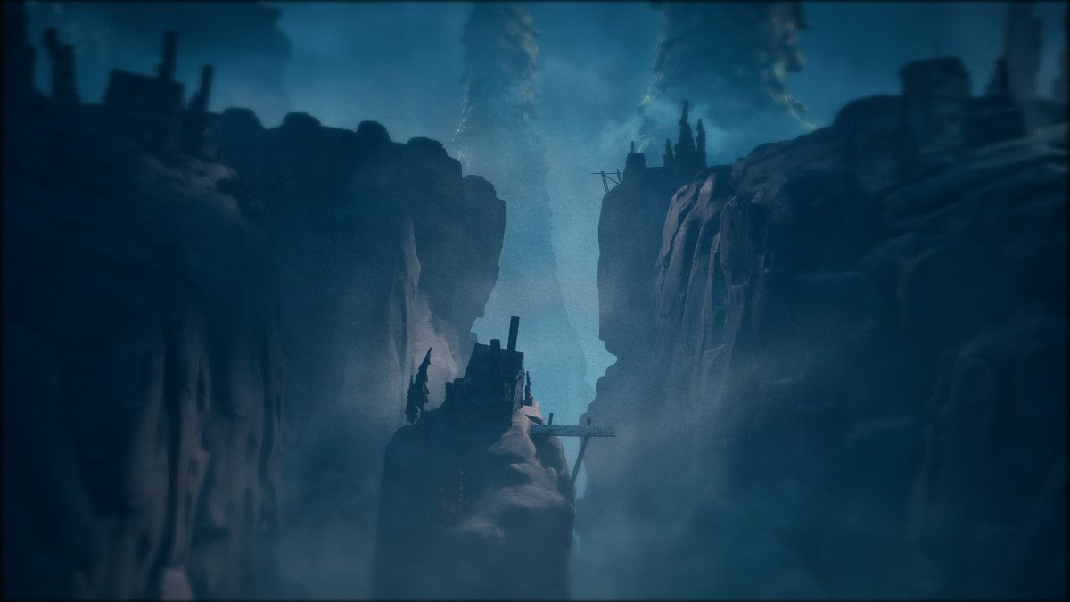 Looking at a cabin in the middle of a cliff, surrounded by two opposing cliffsides