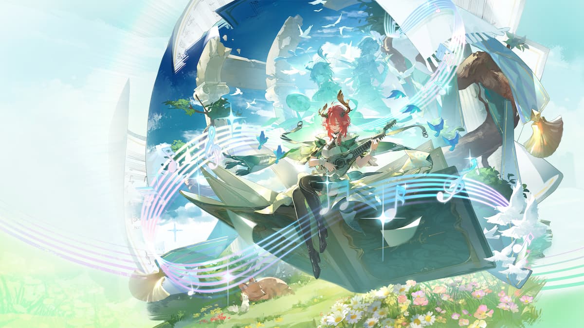 An image from Wuthering Waves of Ciaccona's splash art, which features a red haired girl playing a lute.