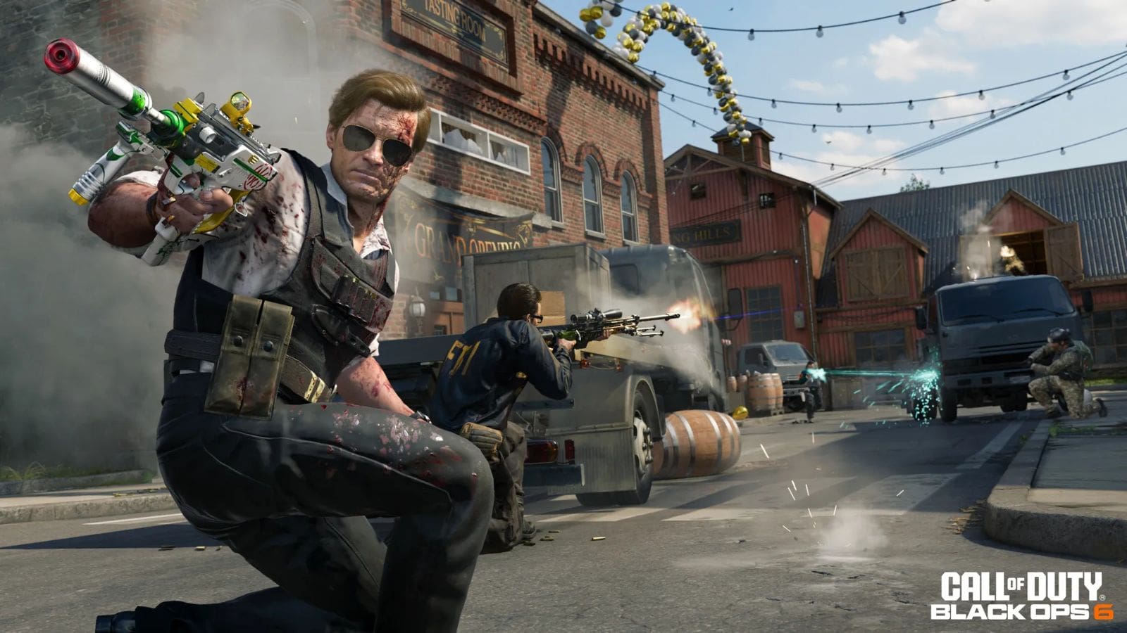 Adler shooting at enemies using SMG on Fringe map in Black Ops 6.