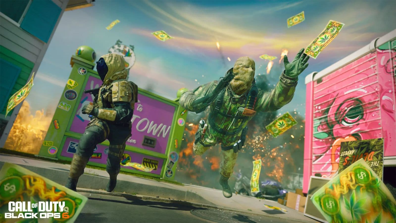 Two operators looting Blaze Bucks on Blazetown map for the Blaze of Glory event in Black Ops 6.