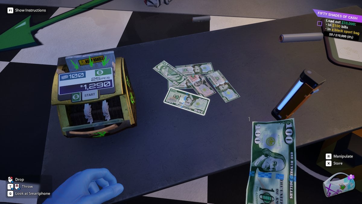 Bills under a UV light in Cash Cleaner Simulator.
