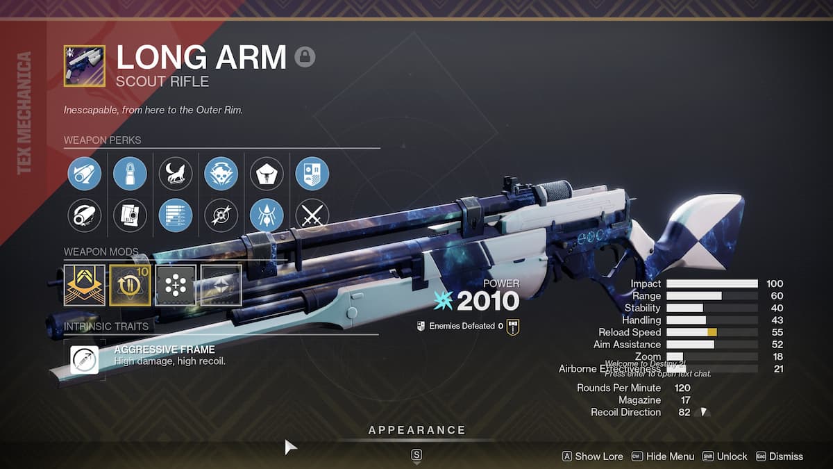 Long Arm inspect screen in Destiny 2