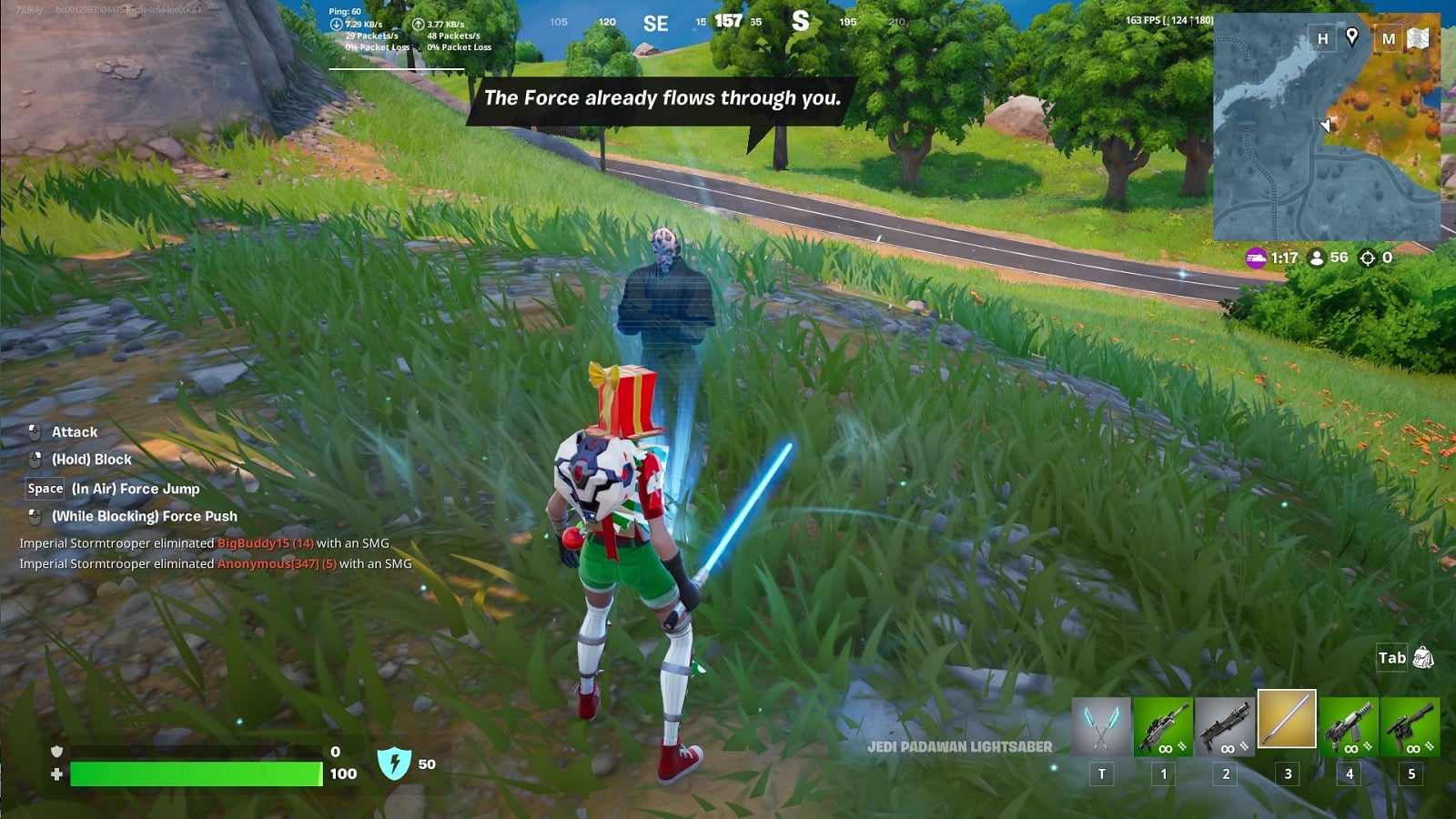 in-game screenshot featuring the Darth Maul hologram in Fortnite.