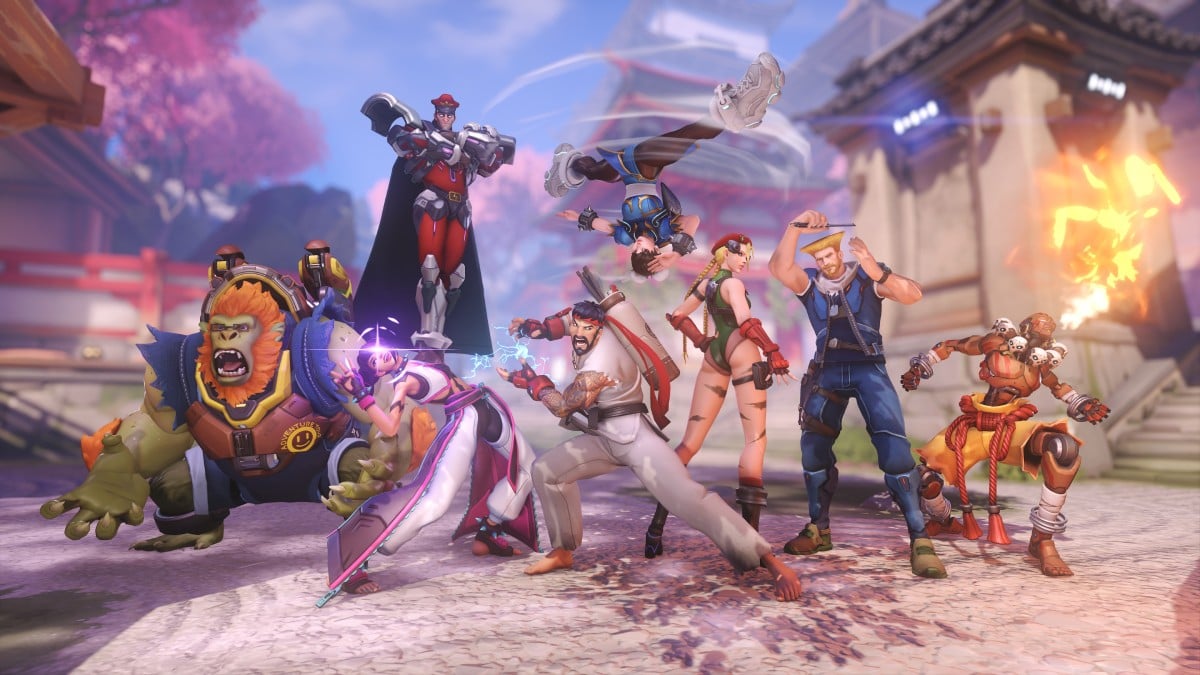 an image of all skins from Overwatch 2 and Street Fighter 6 collab