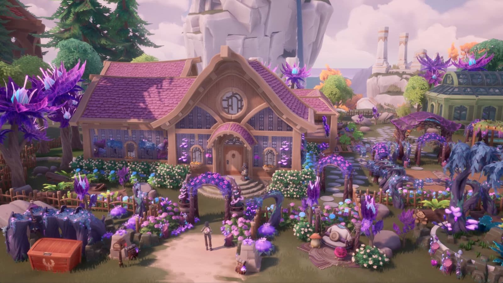 A house with purple color design and with a garden filled with purple plants and flowers, shown the Palia Elderwood Expansion trailer.