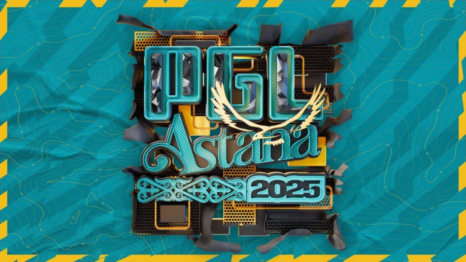 PGL Astana 2025 official poster featuring keyboard like designs along with a teal, gold, and black color scheme.