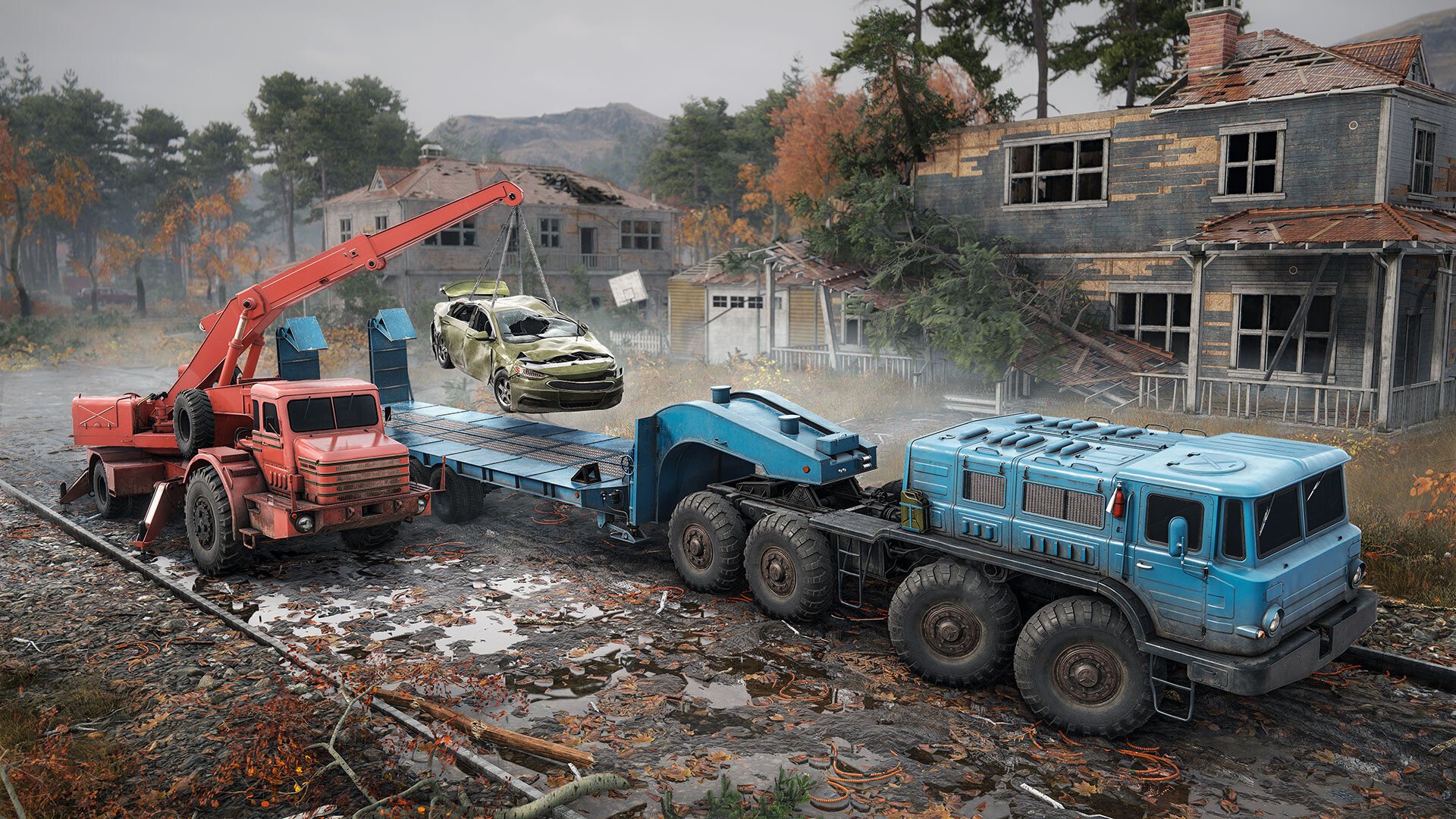 A destroyed car being collected in RoadCraft.