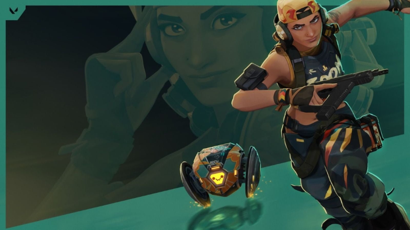 VALORANT agent Raze running with Frenzy and her Boom Bot on the side.