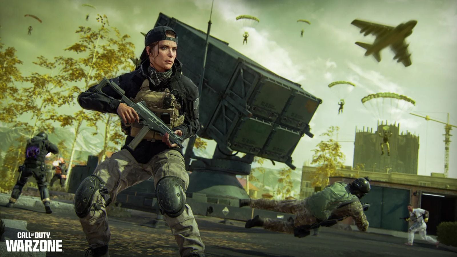 A woman operator looking out for enemies while behind a SAM Turret in a Warzone Clash mode match,