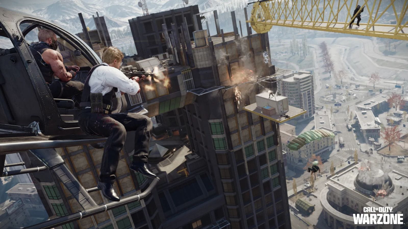 Stitch and Adler on a helicopter flying over The Overlook on Verdansk in a key image for Warzone season 4 patch notes.