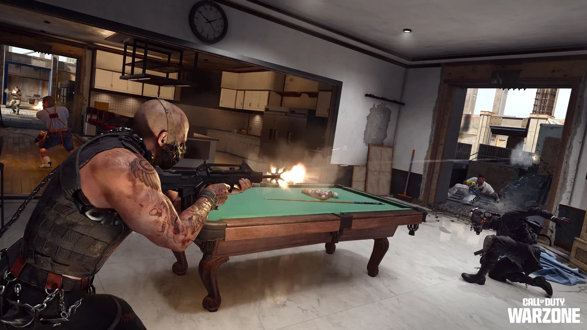 Stitch using the FFAR 1 to shoot enemies in a billiards room inside The Overlook on Verdansk in Warzone.
