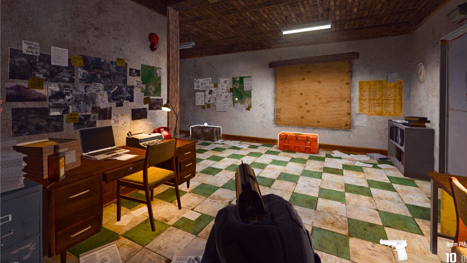Interior of the Warzone Verdansk secret room in TV Station showing loot boxes and a table containing clues to Warzone's story.