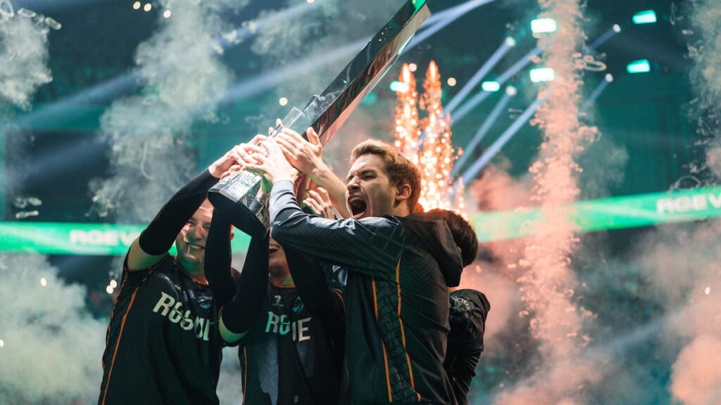 Picture showing Rogue celebrating their LEC win during the 2022 League of Legends European Championship Series Summer Final at the Malmö Arena.