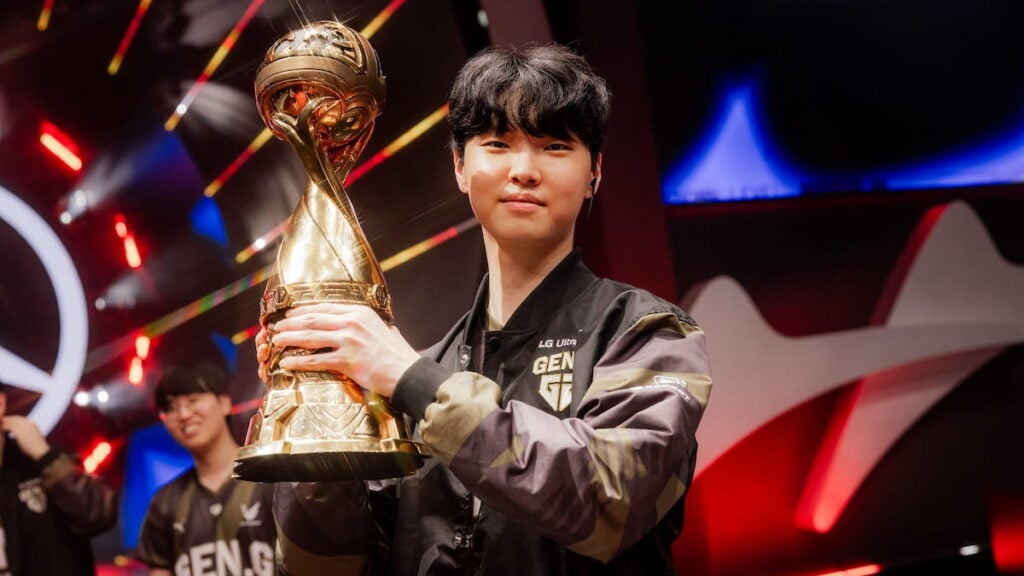 Jeong "Chovy" Ji-hoon of Gen.G Esports is seen with trophy after victory against Bilibili Gaming during Mid-Season Invitational Finals at the Chengdu Financial City Performing Arts Center in Chengdu, China on May 19, 2024.