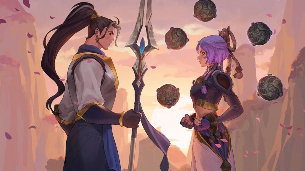 An image from League of Legends of Yunara and Xin Zhao looking at one another.