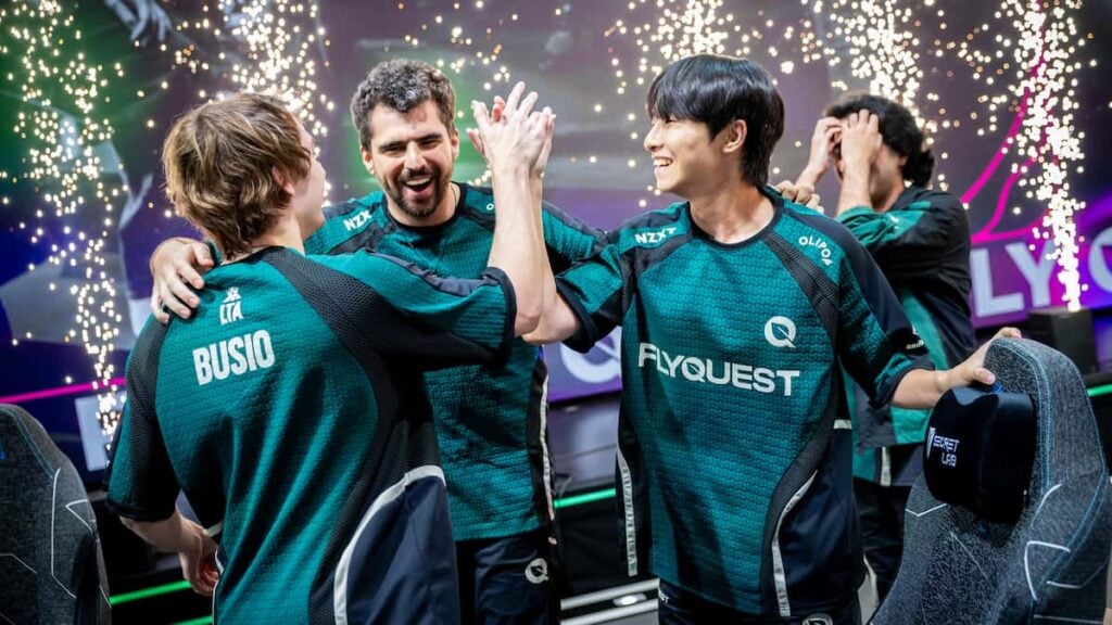 FlyQuest react onstage after securing first place at the LTA North Split 2 Finals at the Riot Games Arena on June 15, 2025 in Los Angeles, California.