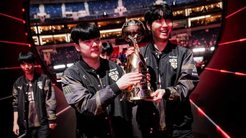 Gen.G Esports lift trophy after victory against Bilibili Gaming during Mid-Season Invitational Finals at the Chengdu Financial City Performing Arts Center in Chengdu, China on May 19, 2024.