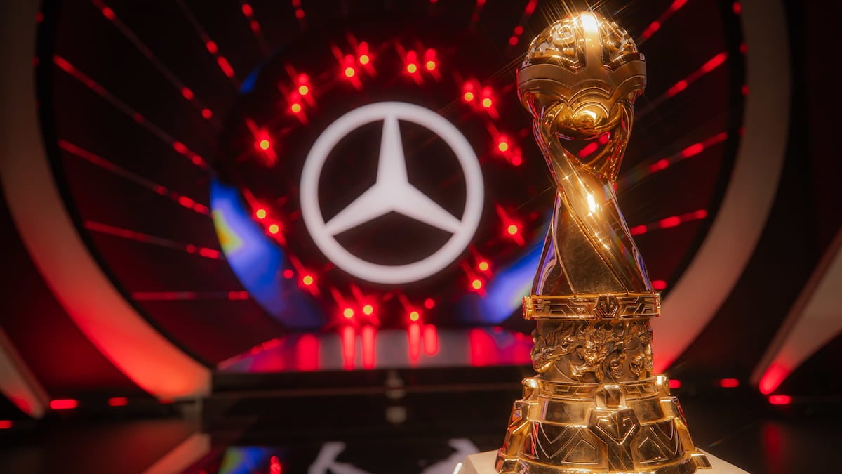 The trophy on display during MSI 2024 Bracket Stage at the Chengdu Financial City Performing Arts Center in Chengdu, China on May 18, 2024.