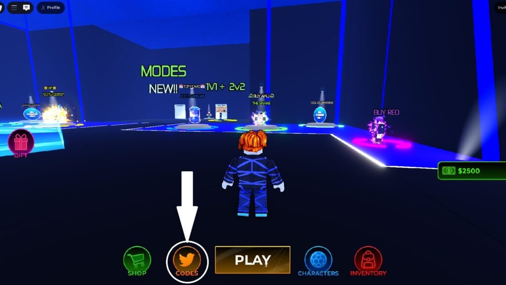 in-game screenshot of Project Blue Lock featuring the codes button.