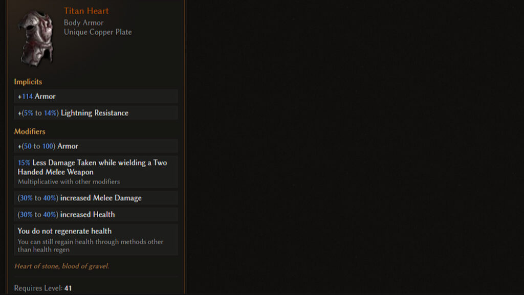 Image showing the Titan Heart armor and its stats in the Last Epoch.