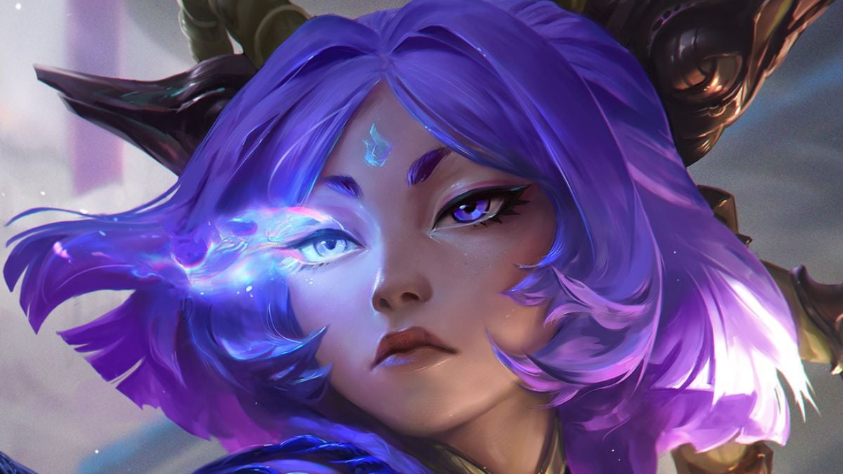 An image from League of Legends of Yunara's splash art. This was released as a sneak peak by Riot Games. This features the purple haired character with a glowing left eye.