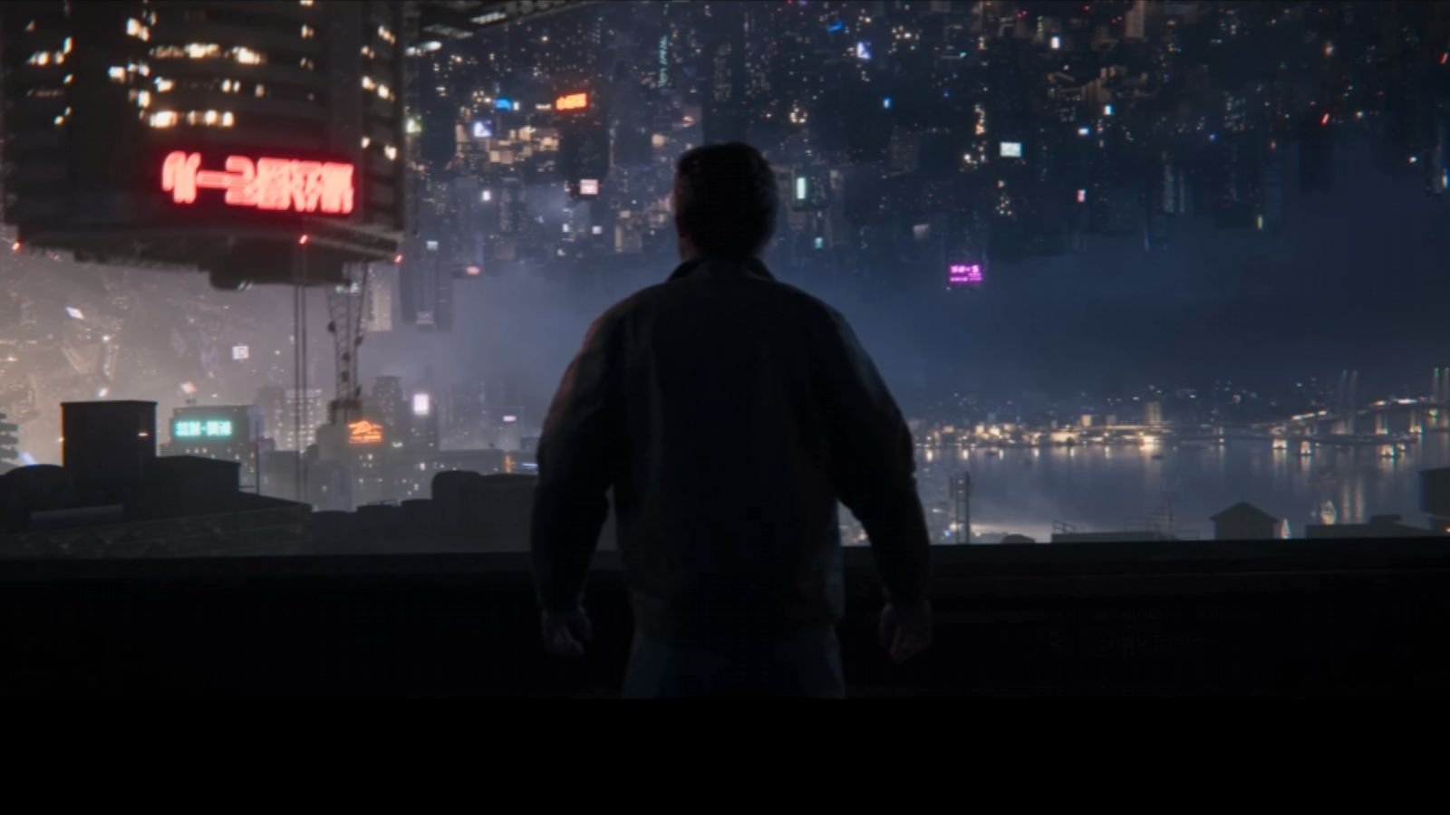 David Mason looking at upside down buildings as shown in the Black Ops 7 trailer.