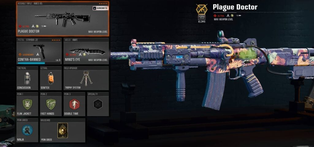 Best class setup for Black Ops 6 season 4 Ranked Play, showing equipment, field upgrade, perks, and wildcard.