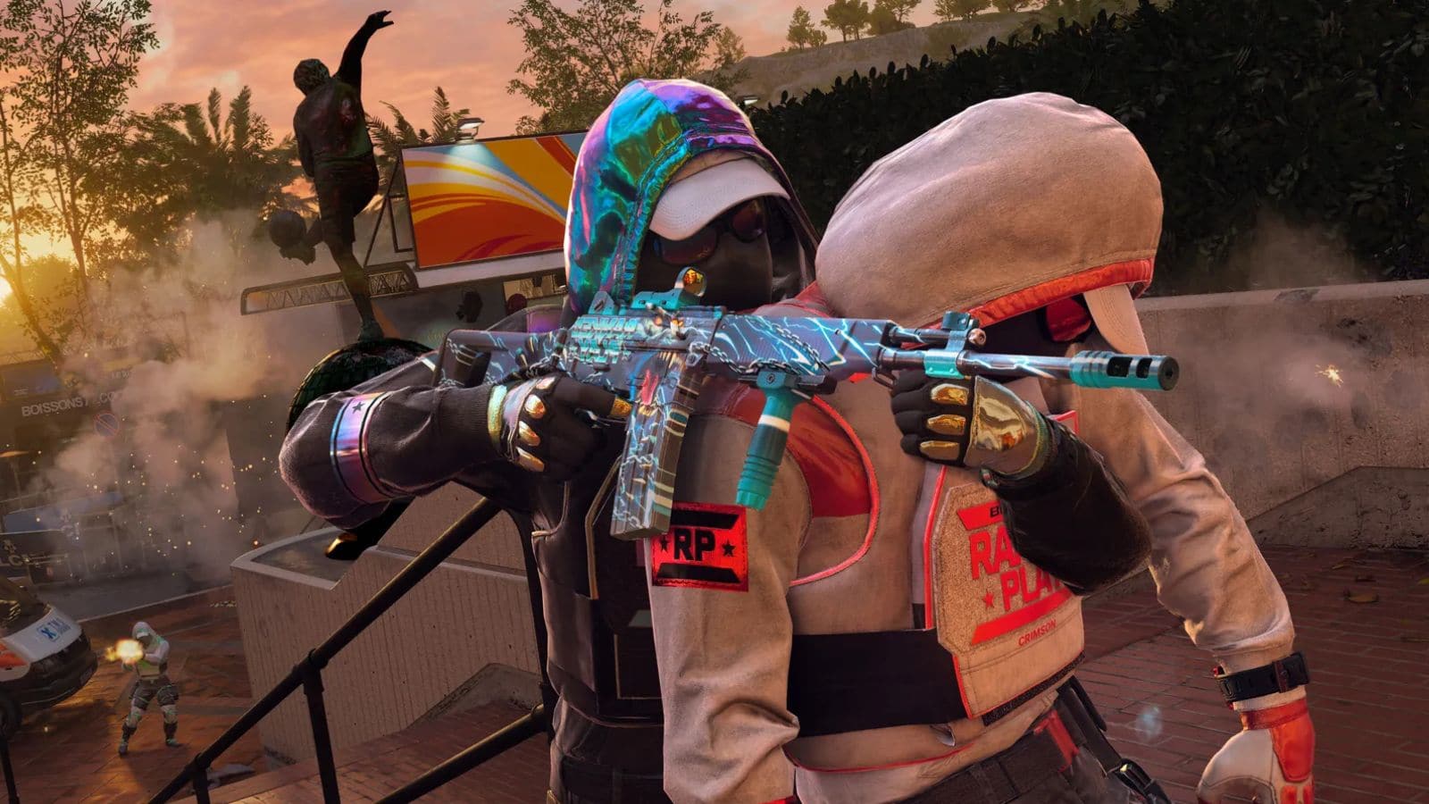 An operator holding another as a body shield on Red Card map in Black Ops 6 Ranked Play.