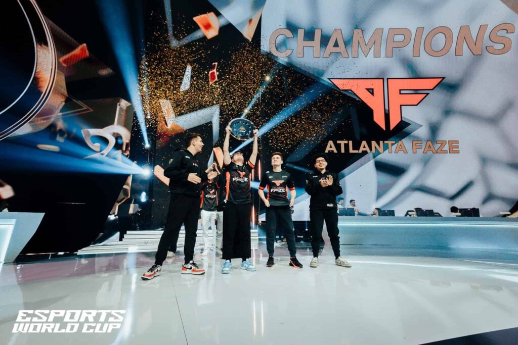 Atlanta FaZe celebrate their championship victory on stage at the Modern Warfare 3 Esports World Cup 2024 tournament.