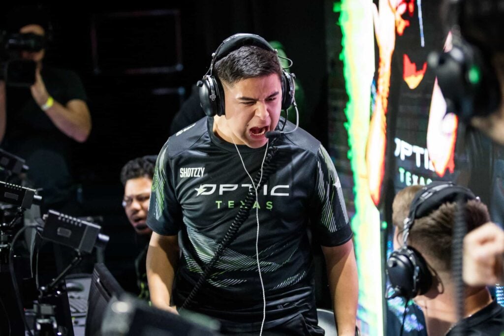 OpTic Texas' Shotzzy screams in celebration following a victory at Call of Duty League.