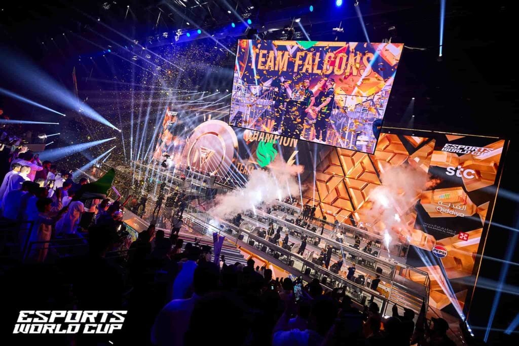 Crowd cheering as Team Falcons win the Warzone Esports World Cup 2024.