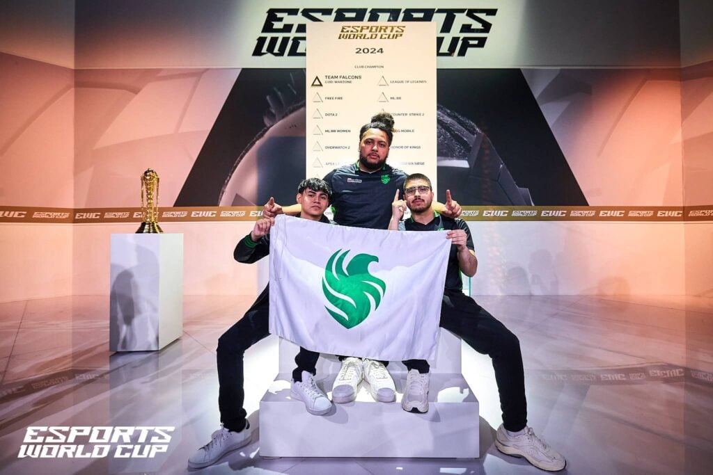 Team Falcons players Biffle, Shifty, and Soka pose for a photo at the Warzone Esports World Cup 2024.