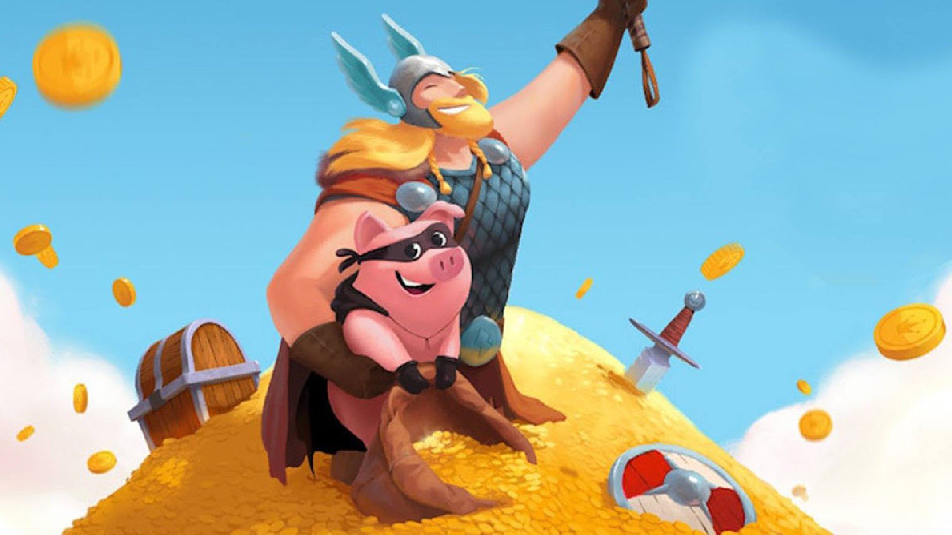 A viking holding a pig while standing on a pile of gold