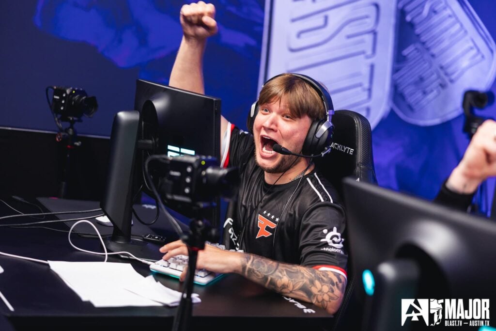 S1mple raises his fist as he celebrates during a round win for FaZe Clan at the Austin Major 2025.