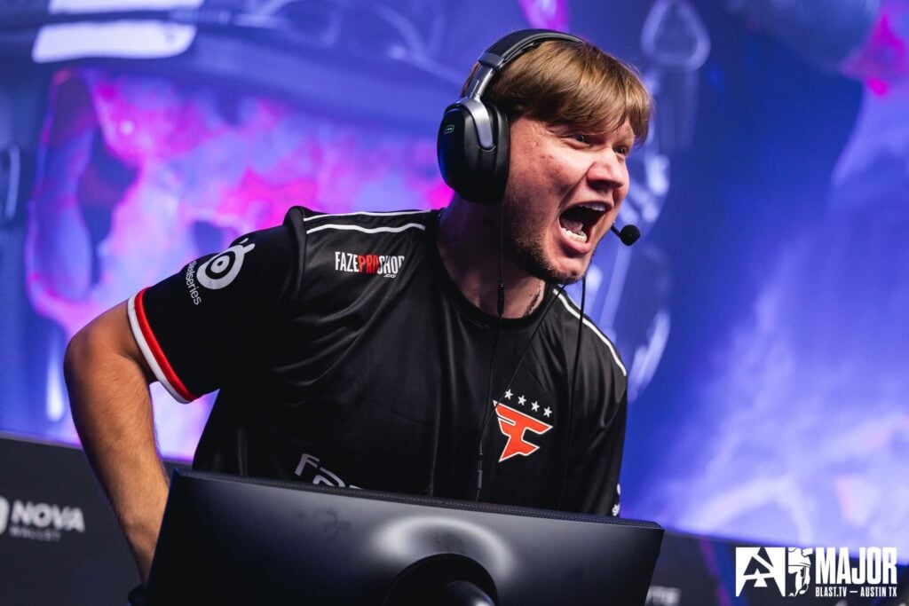FaZe's s1mple screams after winning a round at BLAST Austin Major 2025 Stage 3.