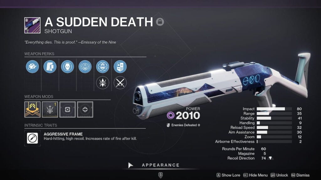 A Sudden Death inspect screen in Destiny 2