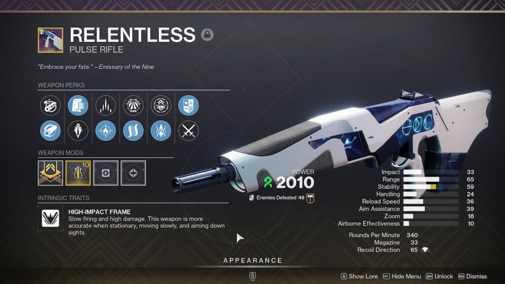 Relentless inspect screen in Destiny 2
