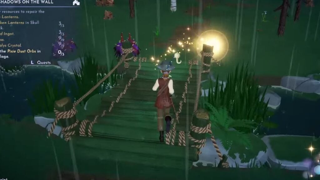 Chasing pixie dust orb on bridge in Disney Dreamlight Valley