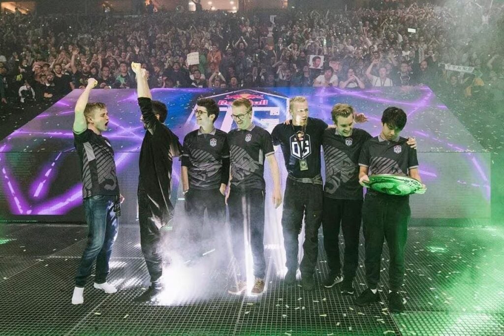 OG celebrate after winning Dota 2 The International 2018 held at the Rogers Arena in Vancouver, Canada.