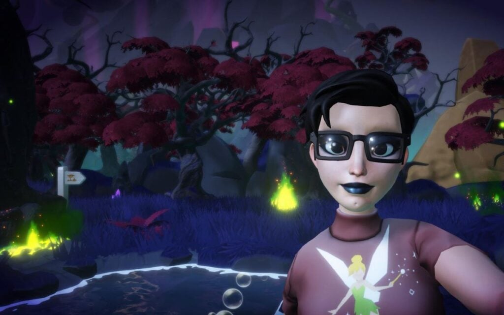 Disney Dreamlight Valley player in the forest taking a selfie near green flames.