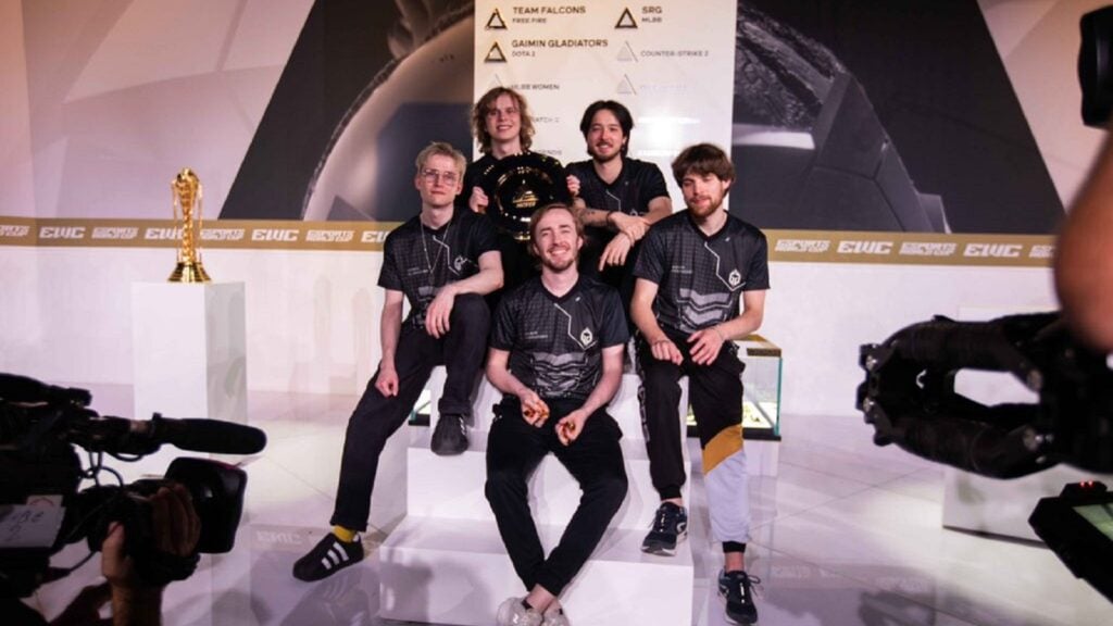 image featuring the Gaimin Gladiators Dota 2 roster that won the tournament at EWC 2024.