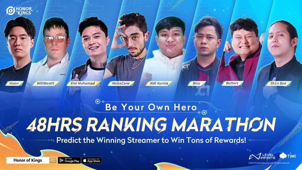Honor of Kings' 48HRS RANKING MARATHON event participants, including Hoon and MobaZane.