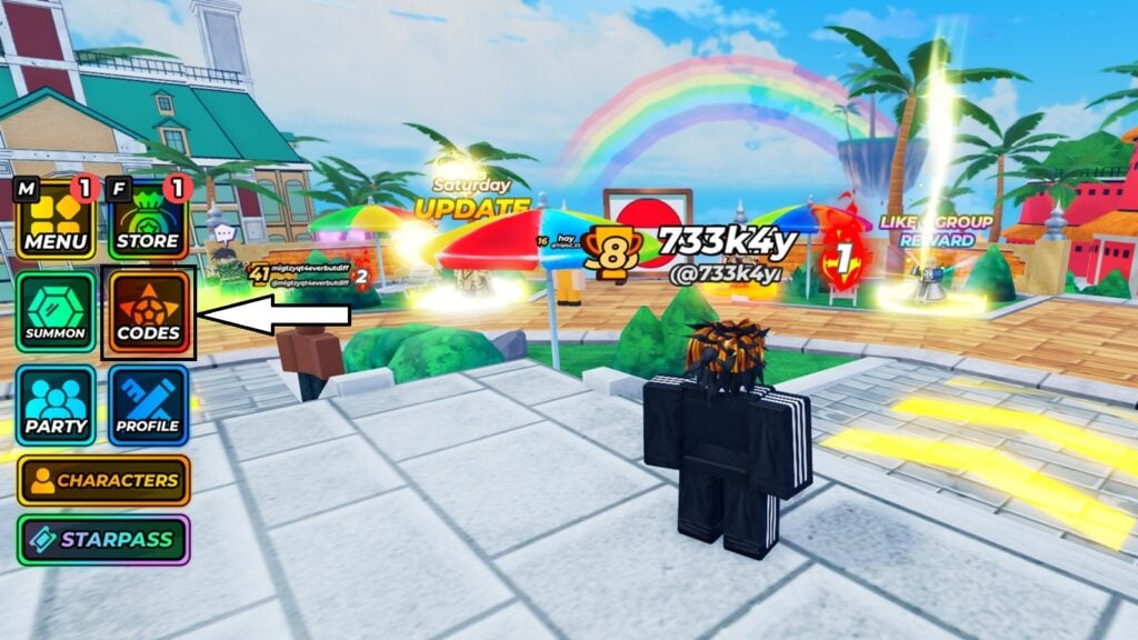 in-game screenshot featuring the codes button in Jump Stars.