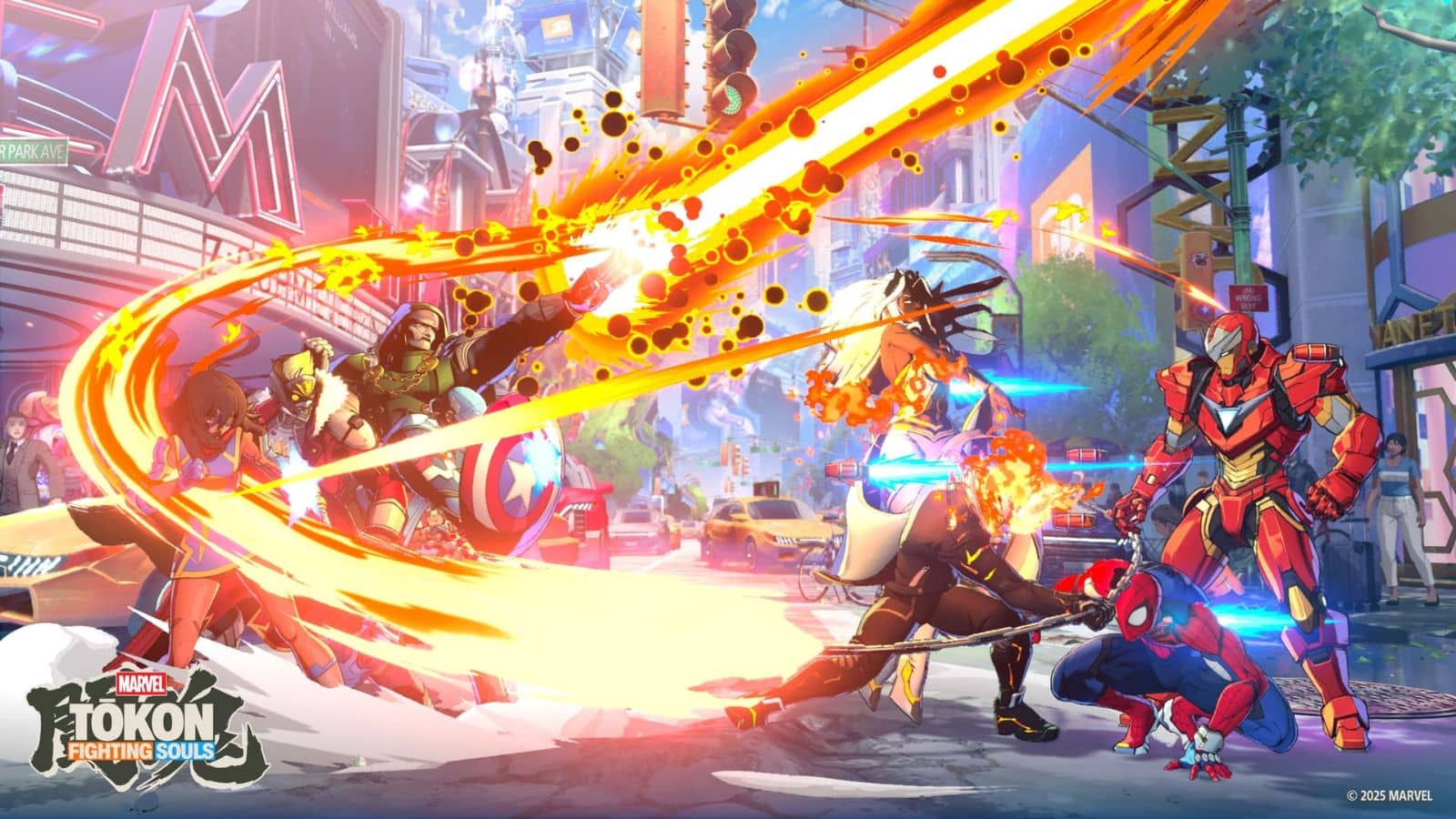 Marvel Tokon Fighting Souls characters fighting on a stage.