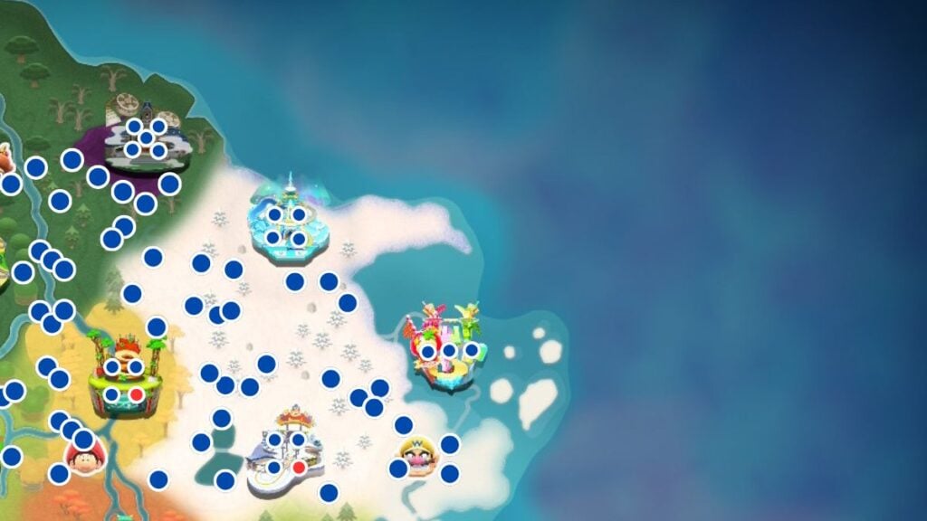 Mario Kart World free roam map with P Switch icons shown in blue.